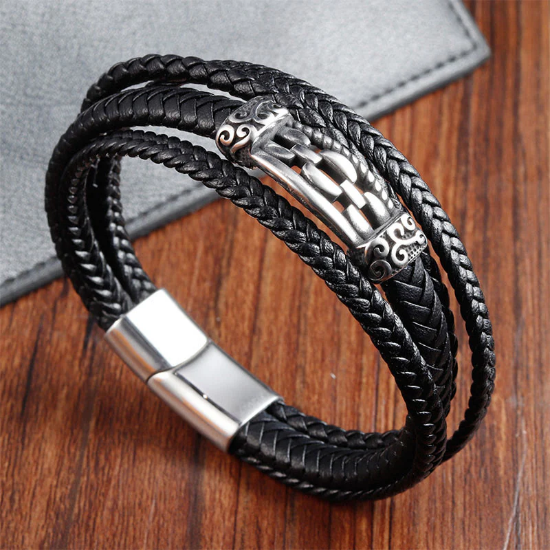 Bracciale intrecciato in pelle multistrato con design a maglie di catena in acciaio al titanio Buddha Stones - Image 2