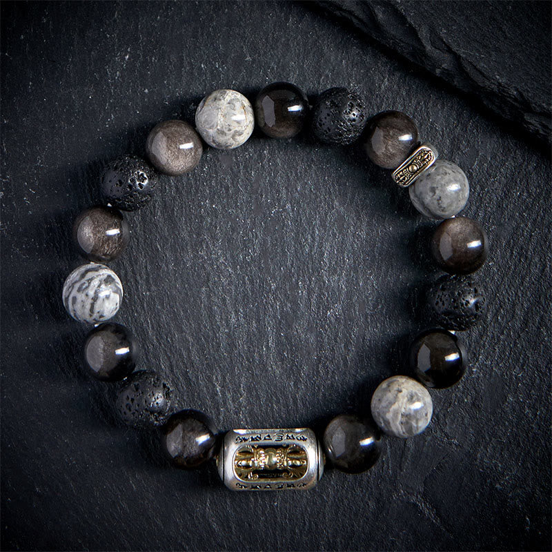 Bracciale lenitivo Buddha Stones, lucentezza argentata, ossidiana, roccia lavica, diaspro grigio, Om Mani Padme Hum Vajra - Image 2