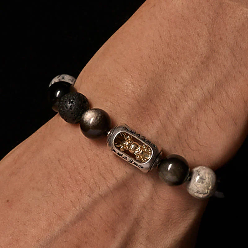 Bracciale lenitivo Buddha Stones, lucentezza argentata, ossidiana, roccia lavica, diaspro grigio, Om Mani Padme Hum Vajra - Image 3