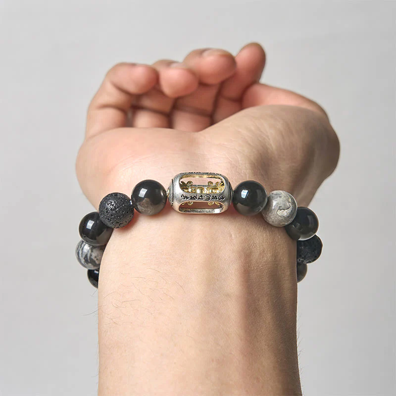 Bracciale lenitivo Buddha Stones, lucentezza argentata, ossidiana, roccia lavica, diaspro grigio, Om Mani Padme Hum Vajra - Image 4