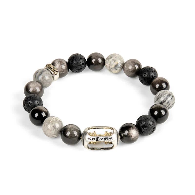 Bracciale lenitivo Buddha Stones, lucentezza argentata, ossidiana, roccia lavica, diaspro grigio, Om Mani Padme Hum Vajra - Image 5