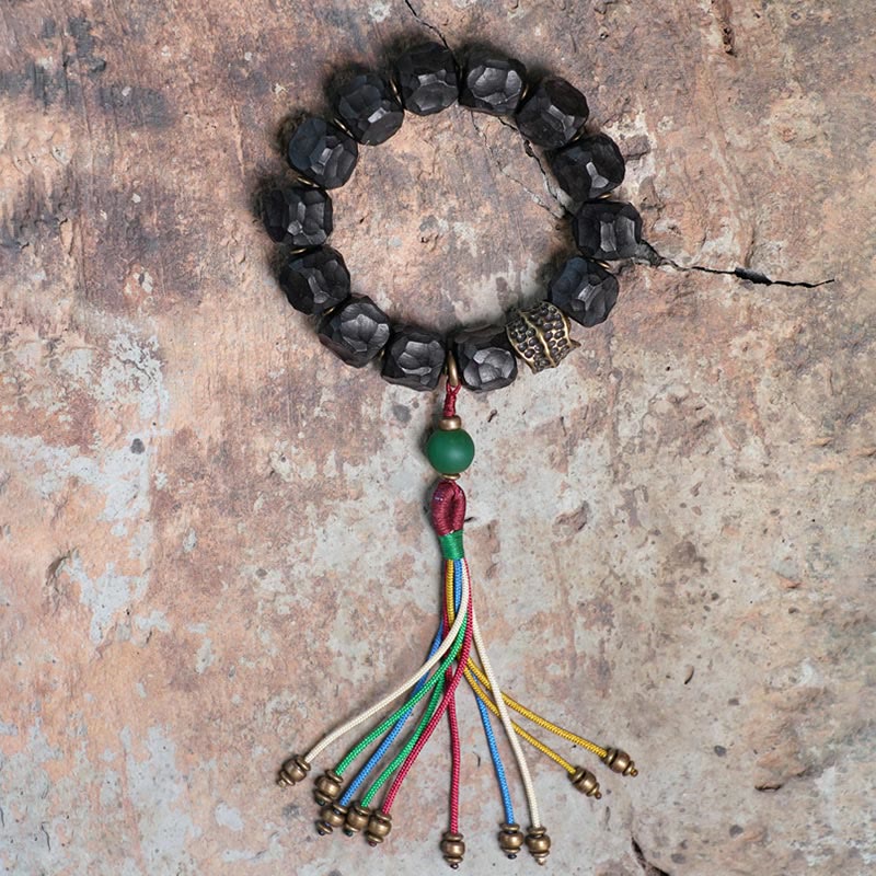 Bracciale Mala da polso con nappa in legno di Buddha Stones tibetano e rame della pace - Image 12