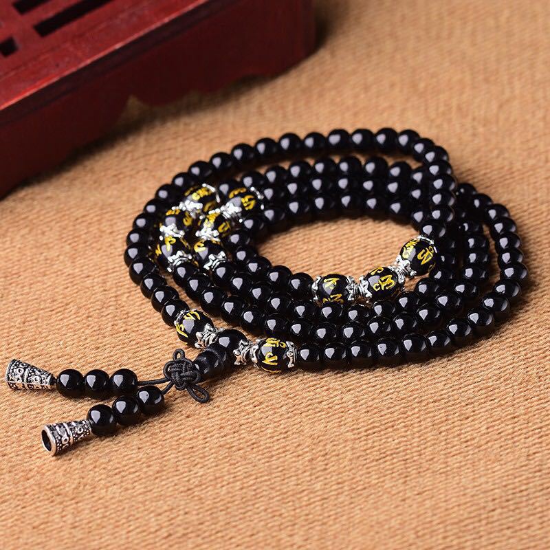 Bracciale Mala di protezione con sei vere parole in ossidiana nera Buddha Stones - Image 7