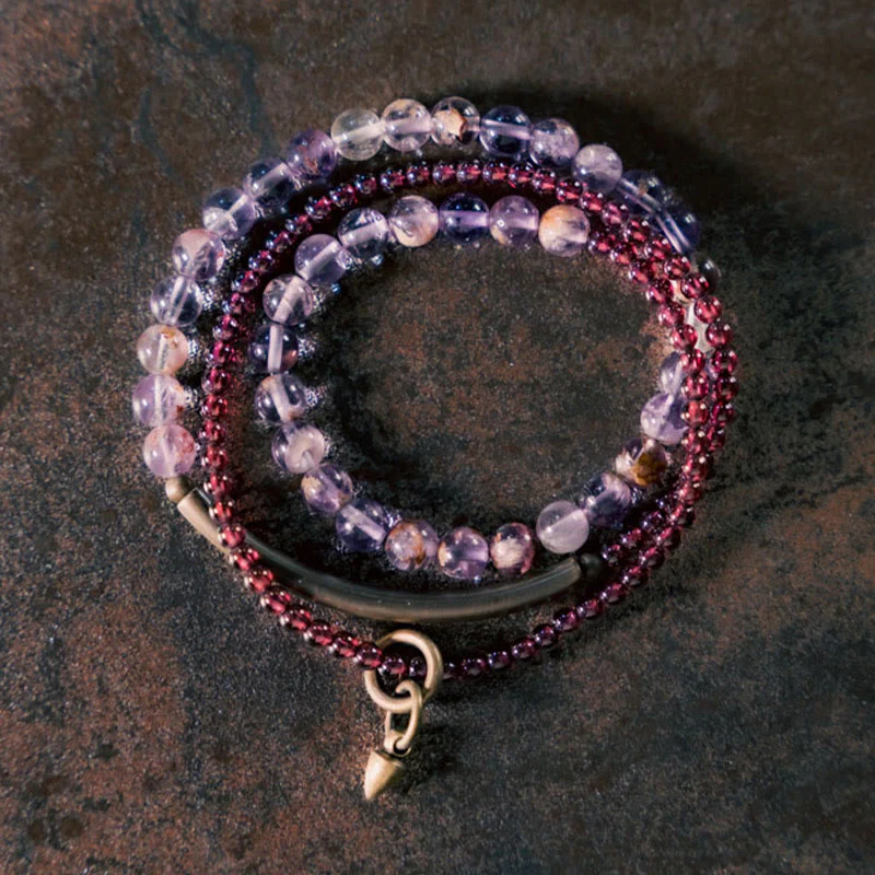 Bracciale multistrato Buddha Stones Retro in ametista da 6 mm e granato da 4 mm - Image 3