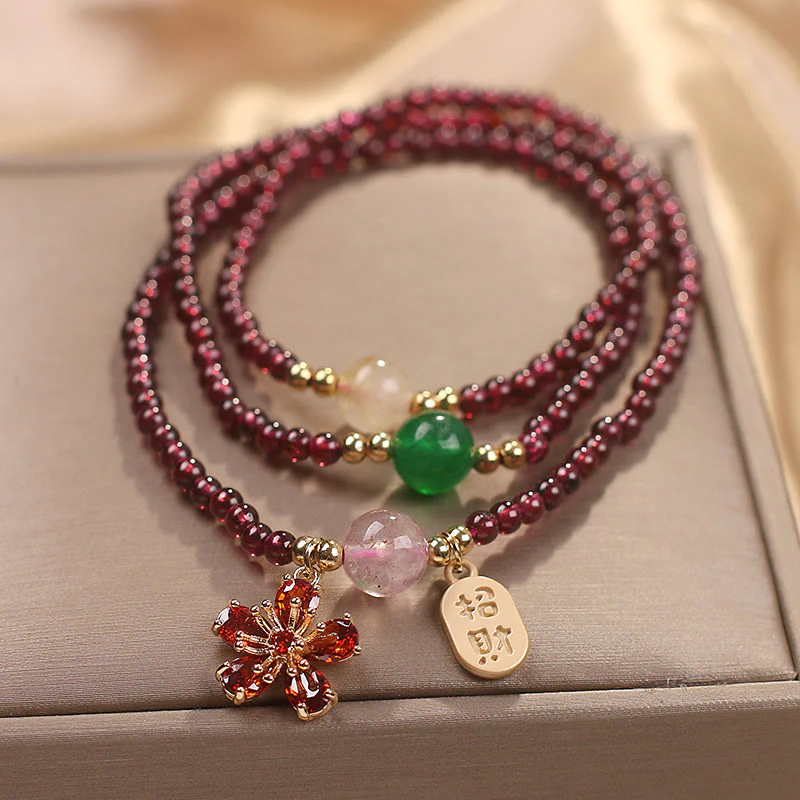Bracciale multistrato con perle di granato ultrasottili naturali da 3 mm Buddha Stones, fiore di ciliegio, attrae fortuna e protezione - Image 3