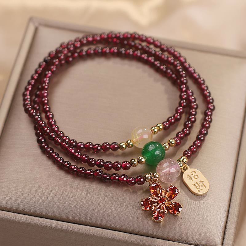 Bracciale multistrato con perle di granato ultrasottili naturali da 3 mm Buddha Stones, fiore di ciliegio, attrae fortuna e protezione - Image 4