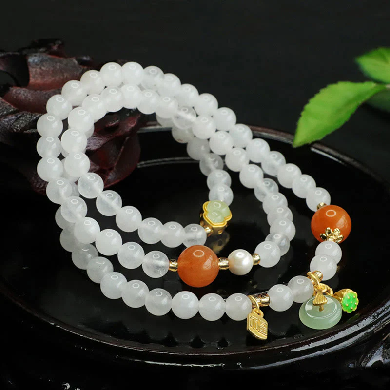 Bracciale portafortuna con fibbia della pace a forma di zucca multistrato in giada bianca naturale con Buddha Stones e carattere Fu - Image 5
