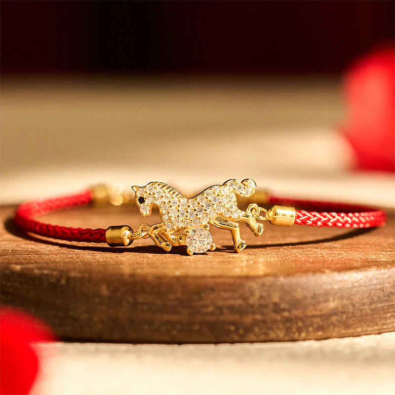 Bracciale regolabile in argento sterling 925 con cordino rosso dorato "Anno del cavallo" di Buddha Stones - Image 2