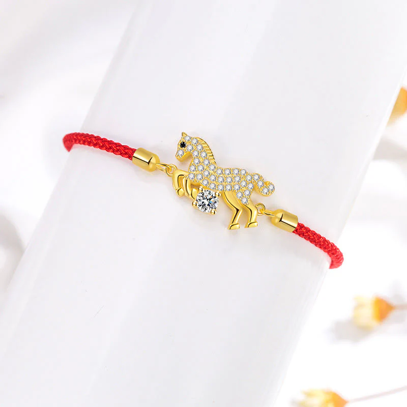 Bracciale regolabile in argento sterling 925 con cordino rosso dorato "Anno del cavallo" di Buddha Stones - Image 7