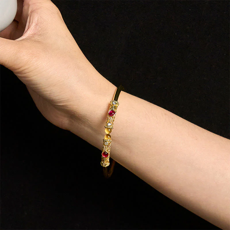 Bracciale rigido con motivo floreale Buddha Stones, zircone rosso, ambra e rame portafortuna - Image 13