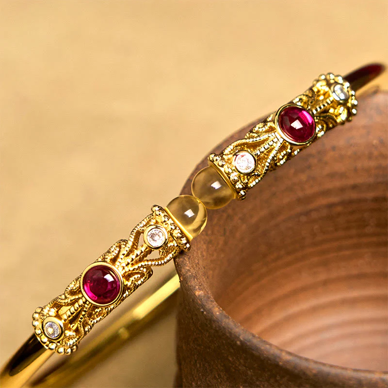 Bracciale rigido con motivo floreale Buddha Stones, zircone rosso, ambra e rame portafortuna - Image 5