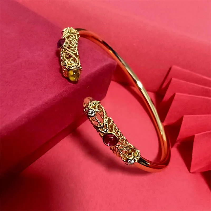 Bracciale rigido con motivo floreale Buddha Stones, zircone rosso, ambra e rame portafortuna - Image 8