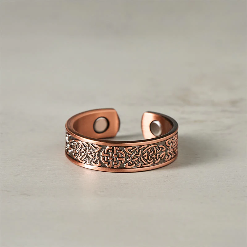 Bracciale rigido con polsino aperto e anello portafortuna con motivo astratto in rame Buddha Stones - Image 9