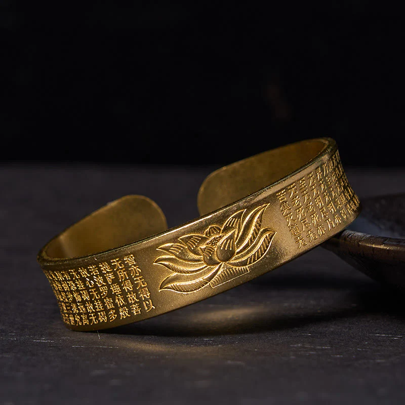 Bracciale rigido con polsino in ottone e rame con fiore di loto , Buddha Stones Heart Sutra Peace Cuff - Image 7