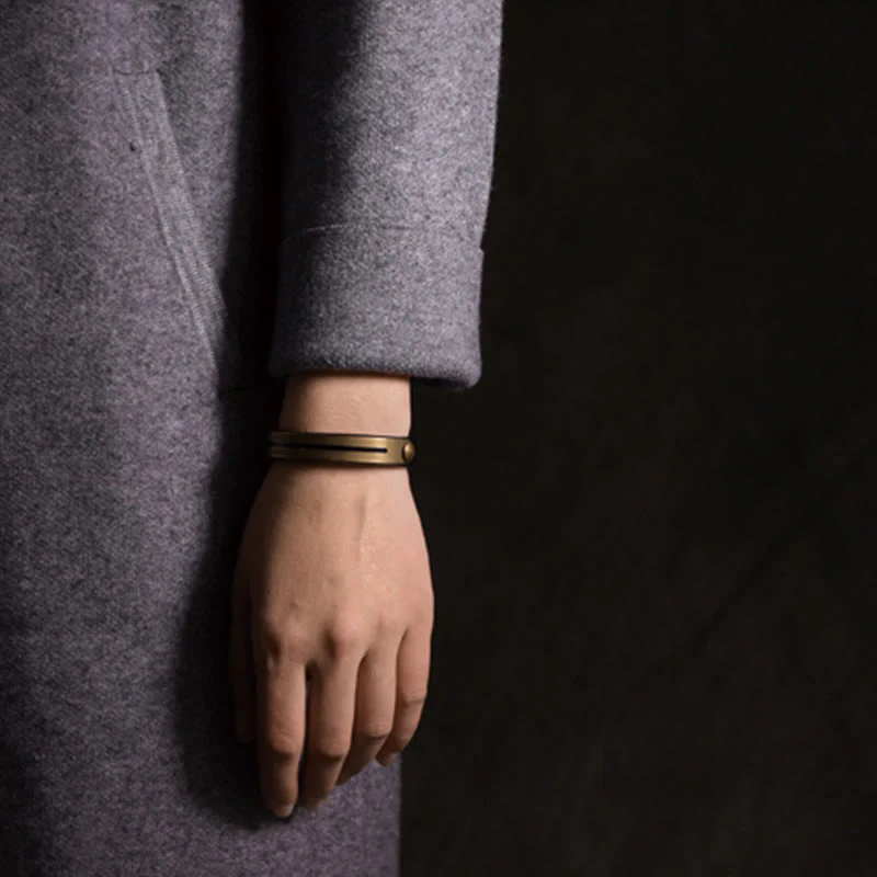 Bracciale rigido in pelle vintage con Buddha Stones, in rame e ottone - Image 12