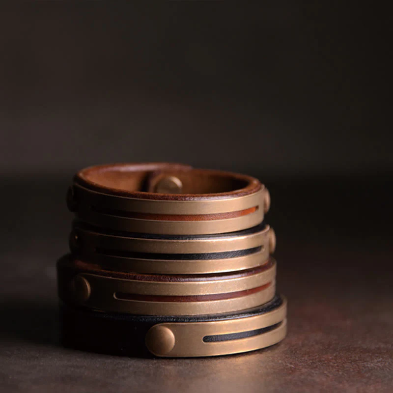 Bracciale rigido in pelle vintage con Buddha Stones, in rame e ottone - Image 13