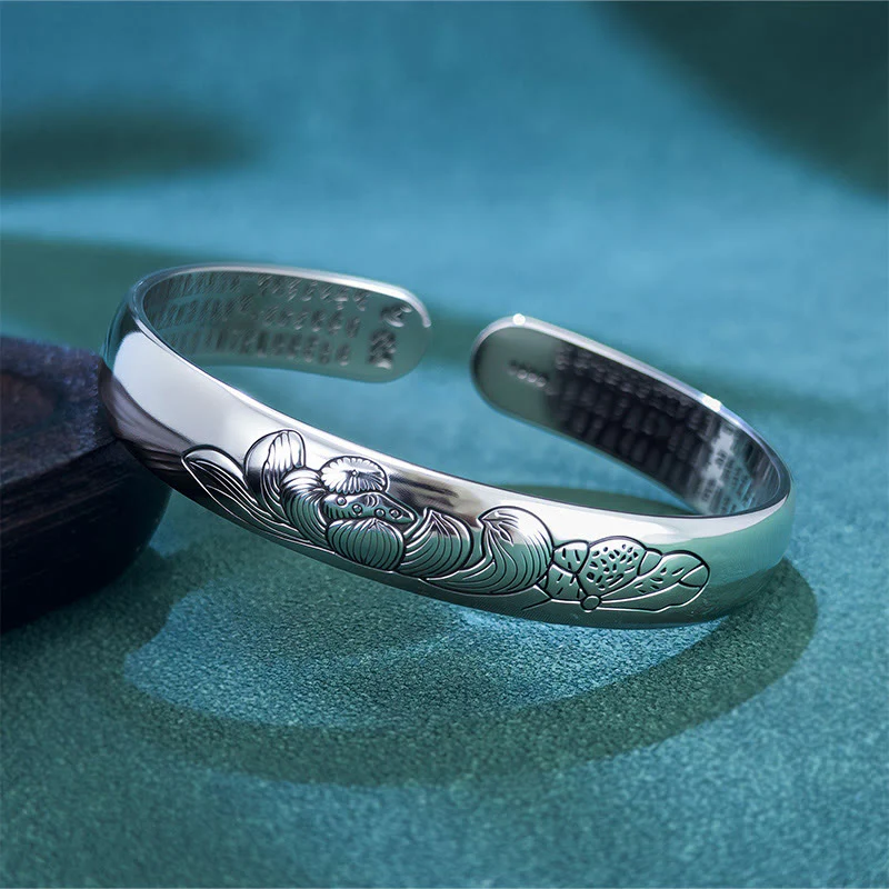 Bracciale rigido regolabile aperto in rame Buddha Stones, Sutra del cuore e loto, nuovo inizio