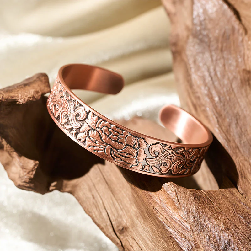 Bracciale rigido regolabile Buddha Stones Copper Flower Open Balance Luck - Image 4