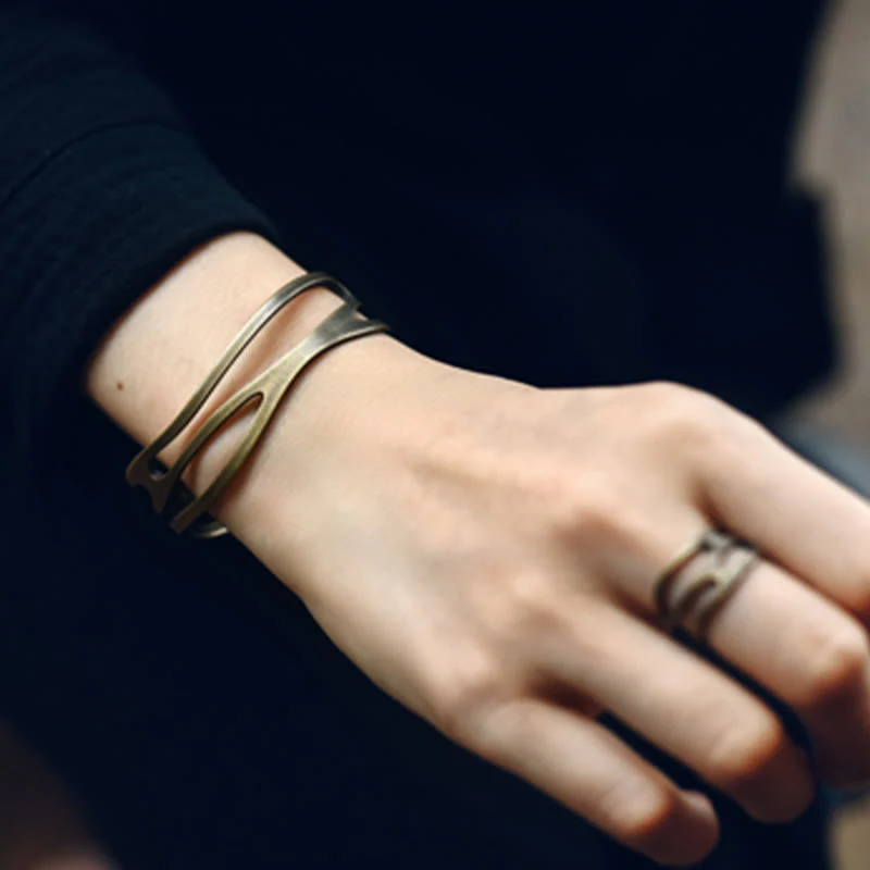 Bracciale rigido regolabile con polsino in ottone e rame curvo vintage Buddha Stones Wealth - Image 8