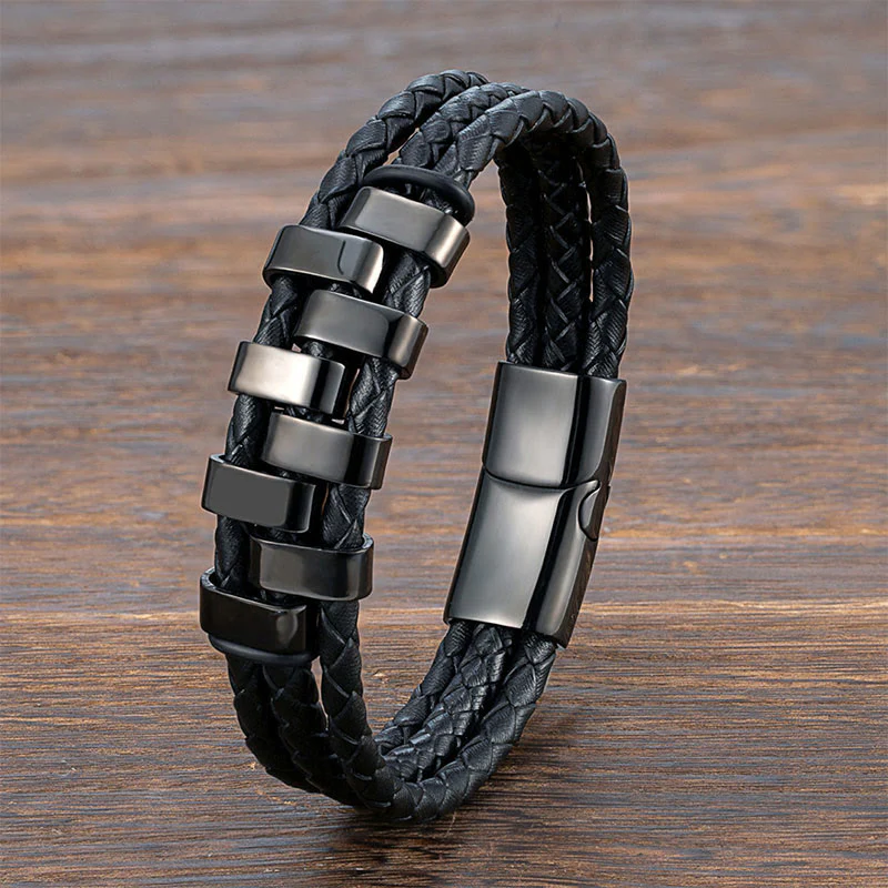 Bracciale rinforzato in pelle, acciaio al titanio Buddha Stones con design geometrico