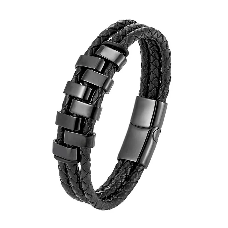 Bracciale rinforzato in pelle, acciaio al titanio Buddha Stones con design geometrico - Image 2