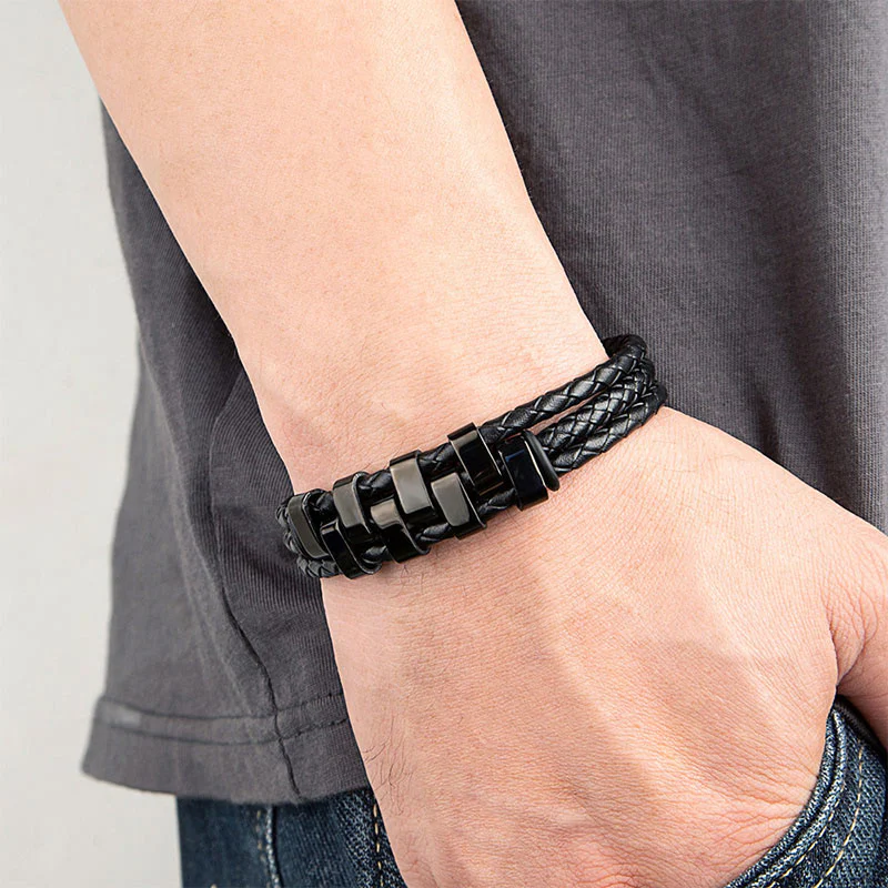 Bracciale rinforzato in pelle, acciaio al titanio Buddha Stones con design geometrico - Image 3