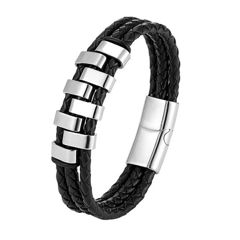 Bracciale rinforzato in pelle, acciaio al titanio Buddha Stones con design geometrico - Image 6