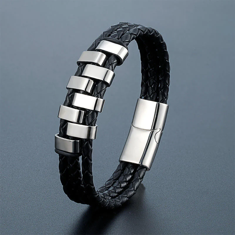 Bracciale rinforzato in pelle, acciaio al titanio Buddha Stones con design geometrico - Image 7