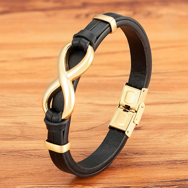 Bracciale rinforzato in pelle multicolore in acciaio al titanio con design infinito Buddha Stones