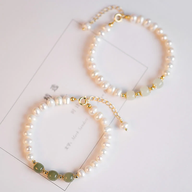 Braccialetto a catena con perle di sincerità in giada bianca e giada ciano di Hetian, placcato in oro 14K - Image 10
