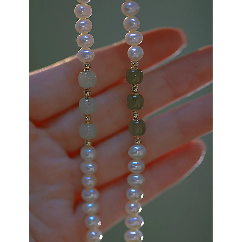 Braccialetto a catena con perle di sincerità in giada bianca e giada ciano di Hetian, placcato in oro 14K - Image 11