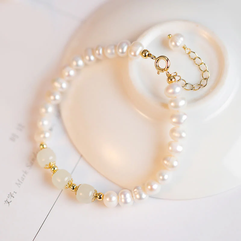 Braccialetto a catena con perle di sincerità in giada bianca e giada ciano di Hetian, placcato in oro 14K - Image 12