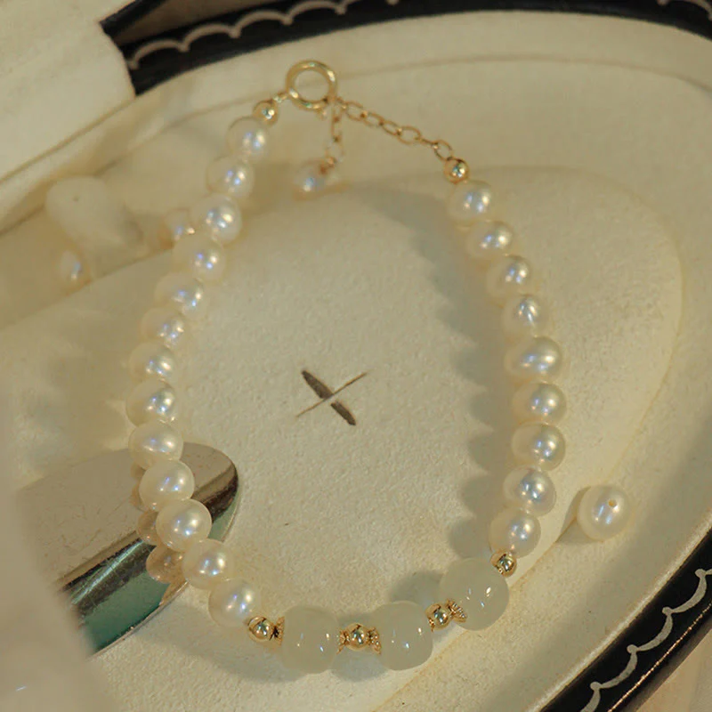 Braccialetto a catena con perle di sincerità in giada bianca e giada ciano di Hetian, placcato in oro 14K - Image 14