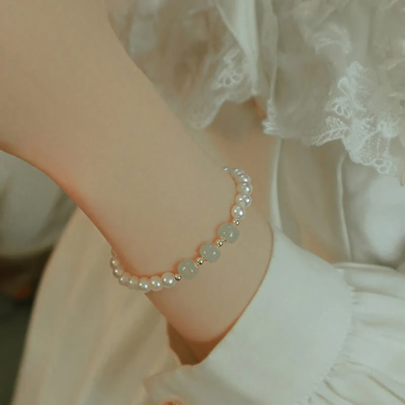 Braccialetto a catena con perle di sincerità in giada bianca e giada ciano di Hetian, placcato in oro 14K - Image 19