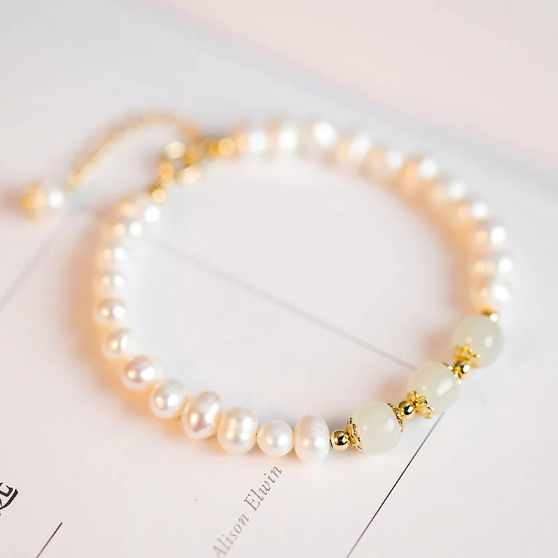 Braccialetto a catena con perle di sincerità in giada bianca e giada ciano di Hetian, placcato in oro 14K - Image 22