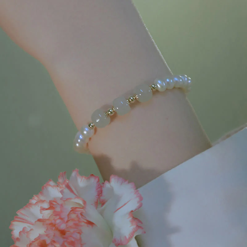 Braccialetto a catena con perle di sincerità in giada bianca e giada ciano di Hetian, placcato in oro 14K - Image 26