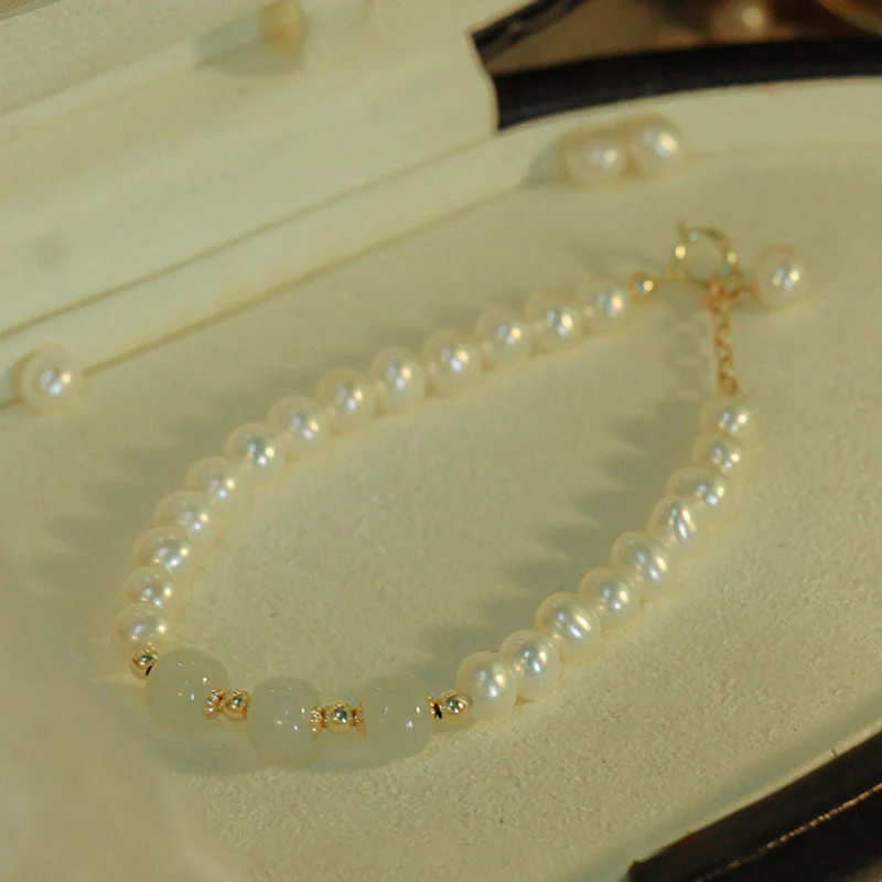 Braccialetto a catena con perle di sincerità in giada bianca e giada ciano di Hetian, placcato in oro 14K - Image 28