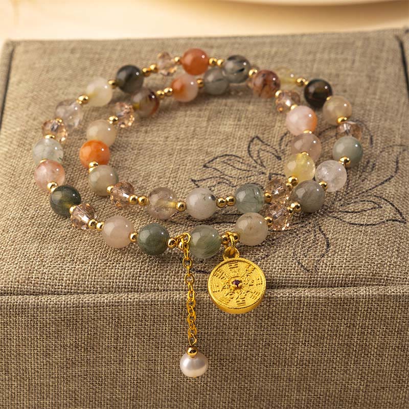 Braccialetto a doppio giro Buddha Stones, quarzo rutilato colorato e rame, simbolo di buon auspicio