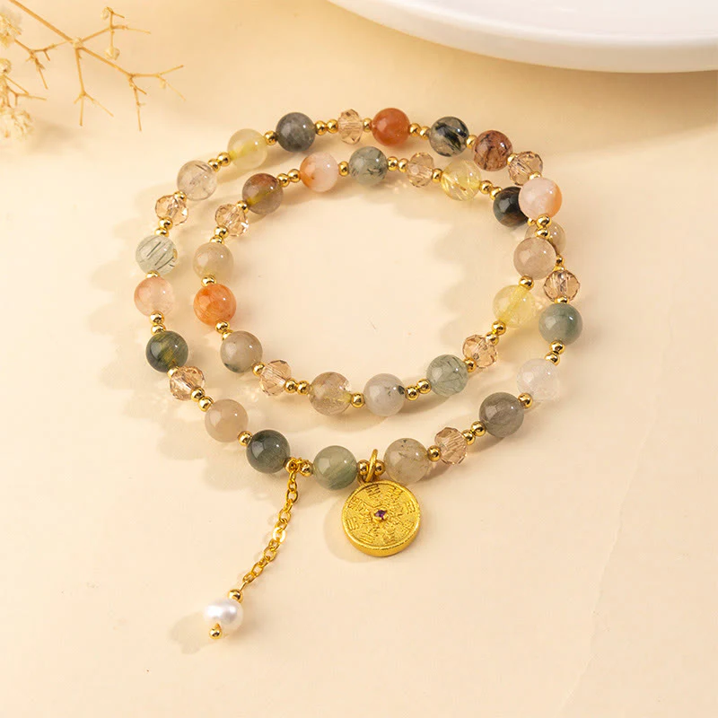 Braccialetto a doppio giro Buddha Stones, quarzo rutilato colorato e rame, simbolo di buon auspicio - Image 2