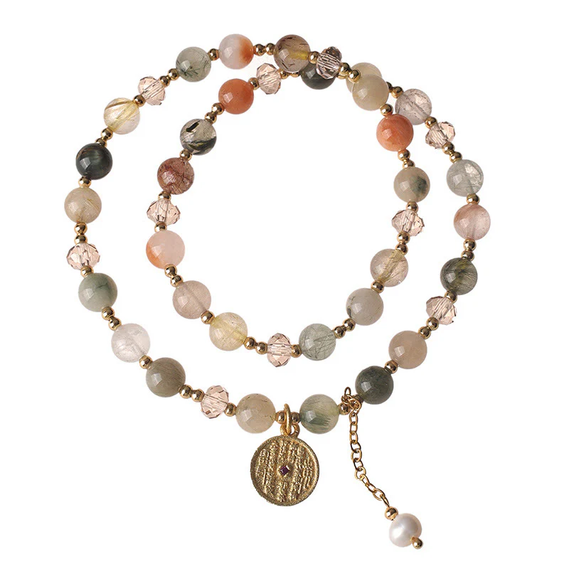 Braccialetto a doppio giro Buddha Stones, quarzo rutilato colorato e rame, simbolo di buon auspicio - Image 5