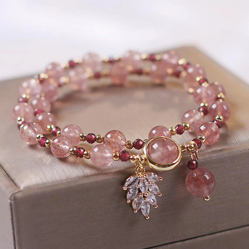 Braccialetto a doppio giro con ciondolo a forma di foglia d'acero con quarzo fragola naturale Buddha Stones Love Healing