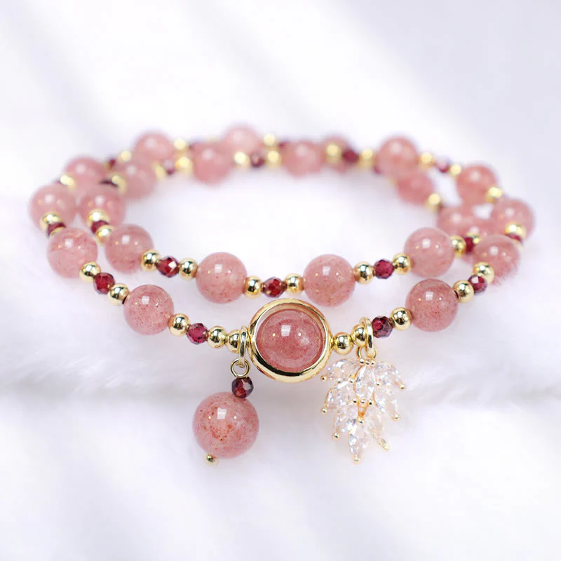 Braccialetto a doppio giro con ciondolo a forma di foglia d'acero con quarzo fragola naturale Buddha Stones Love Healing - Image 3