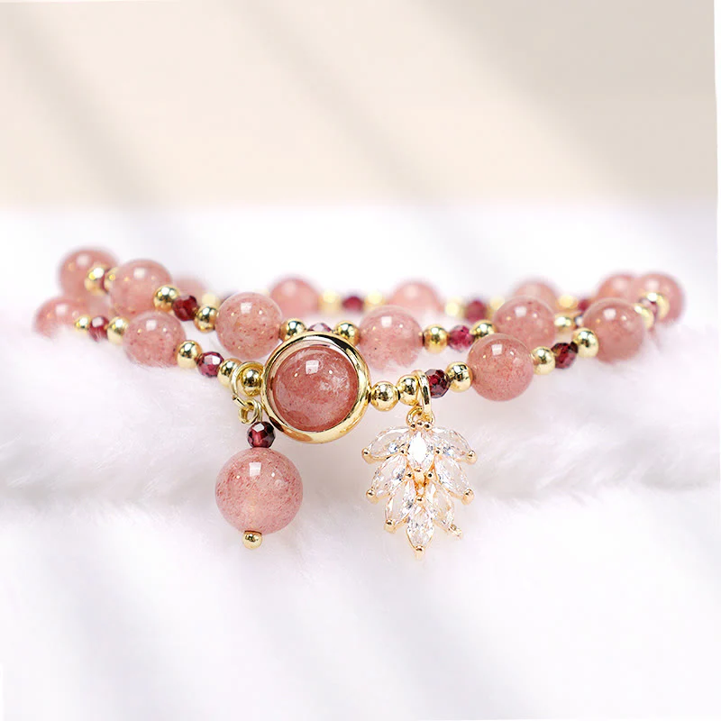 Braccialetto a doppio giro con ciondolo a forma di foglia d'acero con quarzo fragola naturale Buddha Stones Love Healing - Image 4