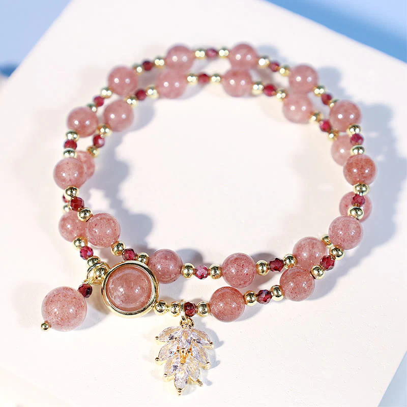 Braccialetto a doppio giro con ciondolo a forma di foglia d'acero con quarzo fragola naturale Buddha Stones Love Healing - Image 5