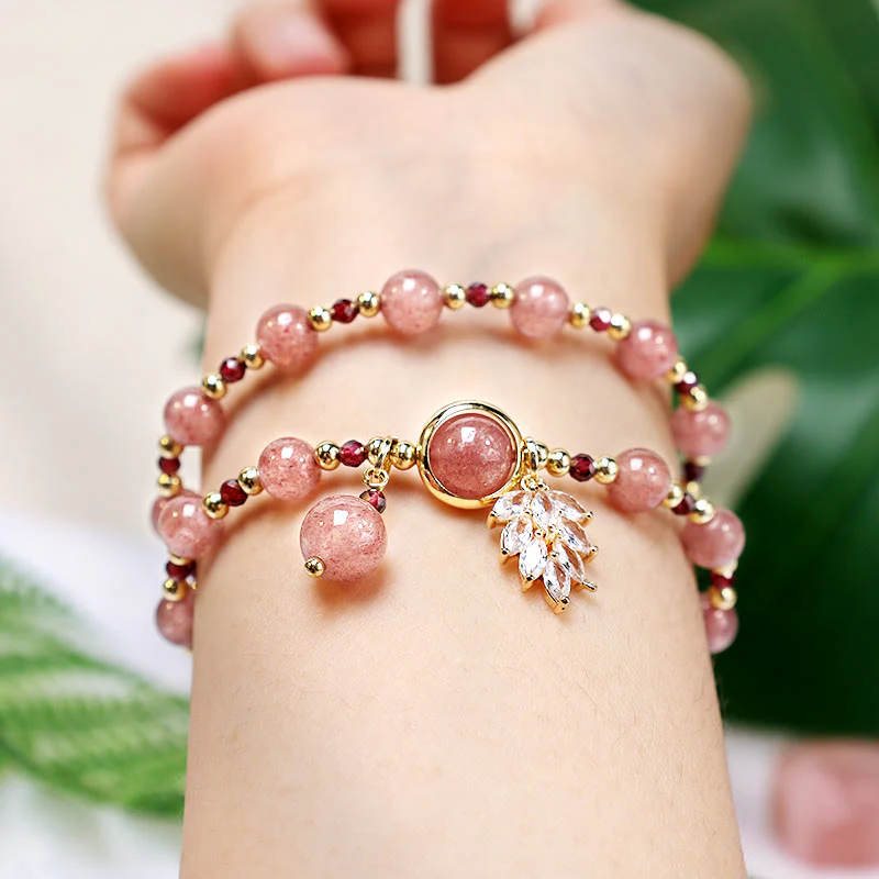 Braccialetto a doppio giro con ciondolo a forma di foglia d'acero con quarzo fragola naturale Buddha Stones Love Healing - Image 6