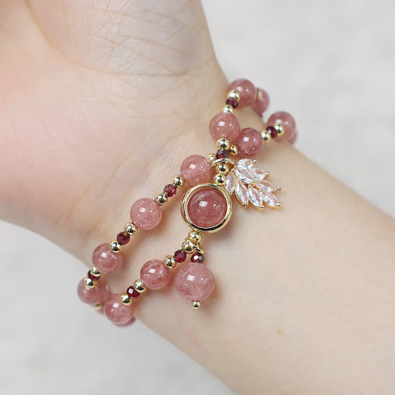 Braccialetto a doppio giro con ciondolo a forma di foglia d'acero con quarzo fragola naturale Buddha Stones Love Healing - Image 7