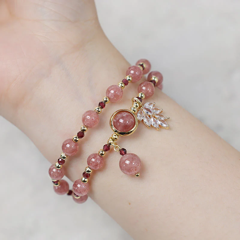 Braccialetto a doppio giro con ciondolo a forma di foglia d'acero con quarzo fragola naturale Buddha Stones Love Healing - Image 8