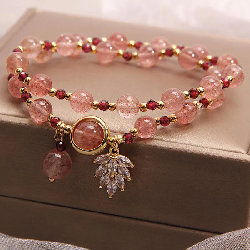 Braccialetto a doppio giro con ciondolo a forma di foglia d'acero con quarzo fragola naturale Buddha Stones Love Healing - Image 9