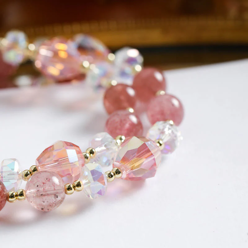 Braccialetto a doppio giro con fiore di zircone e quarzo fragola Buddha Stones - Image 3