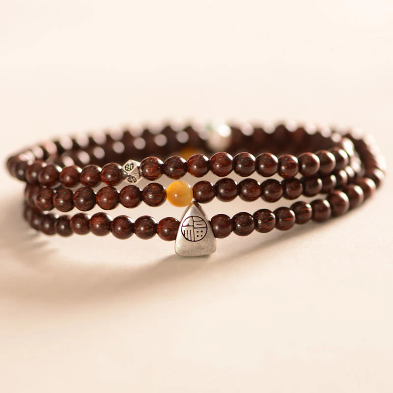 Braccialetto a triplo giro con protezione del carattere Fu, in argento Buddha Stones 925, con piccola foglia indiana in legno di sandalo rosso - Image 2